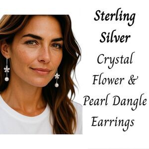 Sterling Silver Long Crystal Flower Pearl Dangle Earrings NEW